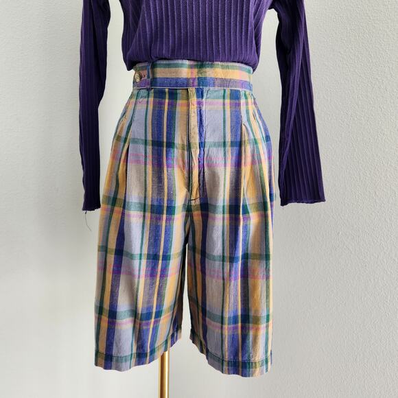 Vintage GAP 90s High Waisted Plaid Pleated Shorts Muted Yellow Green Blue 2 - Picture 1 of 13